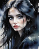 Printable Art of a Moody Emo Girl with Dark Hair and Black Nail Polish by a Rainy Window