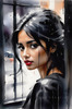 Printable Art of a Moody Emo Girl with Dark Hair and Black Nail Polish by a Rainy Window