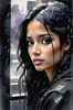 Printable Art of a Moody Emo Girl with Dark Hair and Black Nail Polish by a Rainy Window