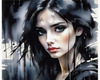 Printable Art of a Moody Emo Girl with Dark Hair and Black Nail Polish by a Rainy Window