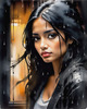 Printable Art of a Moody Emo Girl with Dark Hair and Black Nail Polish by a Rainy Window