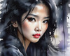 Printable Art of a Moody Emo Girl with Dark Hair and Black Nail Polish by a Rainy Window
