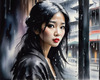 Printable Art of a Moody Emo Girl with Dark Hair and Black Nail Polish by a Rainy Window