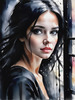 Printable Art of a Moody Emo Girl with Dark Hair and Black Nail Polish by a Rainy Window