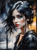 Printable Art of a Moody Emo Girl with Dark Hair and Black Nail Polish by a Rainy Window