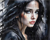 Printable Art of a Moody Emo Girl with Dark Hair and Black Nail Polish by a Rainy Window