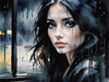 Printable Art of a Moody Emo Girl with Dark Hair and Black Nail Polish by a Rainy Window