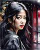 Printable Art of a Moody Emo Girl with Dark Hair and Black Nail Polish by a Rainy Window