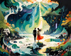 Enchanted Cove with Dancers under Aurora - Romantic Landscape Art