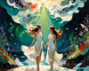 Enchanted Cove with Dancers under Aurora - Romantic Landscape Art
