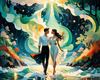 Enchanted Cove with Dancers under Aurora - Romantic Landscape Art