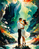 Enchanted Cove with Dancers under Aurora - Romantic Landscape Art