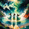 Enchanted Cove with Dancers under Aurora - Romantic Landscape Art