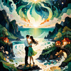 Enchanted Cove with Dancers under Aurora - Romantic Landscape Art