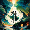 Enchanted Cove with Dancers under Aurora - Romantic Landscape Art