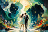 Enchanted Cove with Dancers under Aurora - Romantic Landscape Art