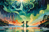 Enchanted Cove with Dancers under Aurora - Romantic Landscape Art