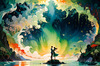 Enchanted Cove with Dancers under Aurora - Romantic Landscape Art