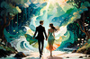 Enchanted Cove with Dancers under Aurora - Romantic Landscape Art