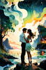 Enchanted Cove with Dancers under Aurora - Romantic Landscape Art