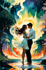 Enchanted Cove with Dancers under Aurora - Romantic Landscape Art