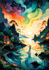Enchanted Cove with Dancers under Aurora - Romantic Landscape Art