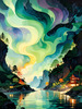 Enchanted Cove with Dancers under Aurora - Romantic Landscape Art