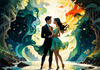 Enchanted Cove with Dancers under Aurora - Romantic Landscape Art