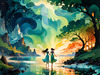 Enchanted Cove with Dancers under Aurora - Romantic Landscape Art