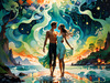 Enchanted Cove with Dancers under Aurora - Romantic Landscape Art