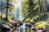 Enchanted Forest Brook Cascading Over Rocks with Tree and Sky Reflections Art Print