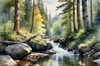 Enchanted Forest Brook Cascading Over Rocks with Tree and Sky Reflections Art Print