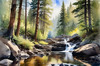 Enchanted Forest Brook Cascading Over Rocks with Tree and Sky Reflections Art Print