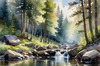 Enchanted Forest Brook Cascading Over Rocks with Tree and Sky Reflections Art Print