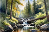 Enchanted Forest Brook Cascading Over Rocks with Tree and Sky Reflections Art Print
