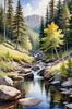 Enchanted Forest Brook Cascading Over Rocks with Tree and Sky Reflections Art Print
