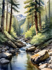 Enchanted Forest Brook Cascading Over Rocks with Tree and Sky Reflections Art Print