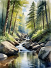 Enchanted Forest Brook Cascading Over Rocks with Tree and Sky Reflections Art Print