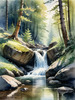 Enchanted Forest Brook Cascading Over Rocks with Tree and Sky Reflections Art Print