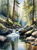 Enchanted Forest Brook Cascading Over Rocks with Tree and Sky Reflections Art Print