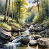 Enchanted Forest Brook Cascading Over Rocks with Tree and Sky Reflections Art Print