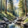 Enchanted Forest Brook Cascading Over Rocks with Tree and Sky Reflections Art Print