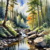 Enchanted Forest Brook Cascading Over Rocks with Tree and Sky Reflections Art Print
