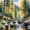 Enchanted Forest Brook Cascading Over Rocks with Tree and Sky Reflections Art Print