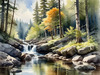 Enchanted Forest Brook Cascading Over Rocks with Tree and Sky Reflections Art Print