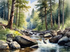 Enchanted Forest Brook Cascading Over Rocks with Tree and Sky Reflections Art Print