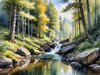 Enchanted Forest Brook Cascading Over Rocks with Tree and Sky Reflections Art Print