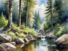 Enchanted Forest Brook Cascading Over Rocks with Tree and Sky Reflections Art Print