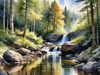 Enchanted Forest Brook Cascading Over Rocks with Tree and Sky Reflections Art Print