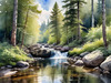 Enchanted Forest Brook Cascading Over Rocks with Tree and Sky Reflections Art Print